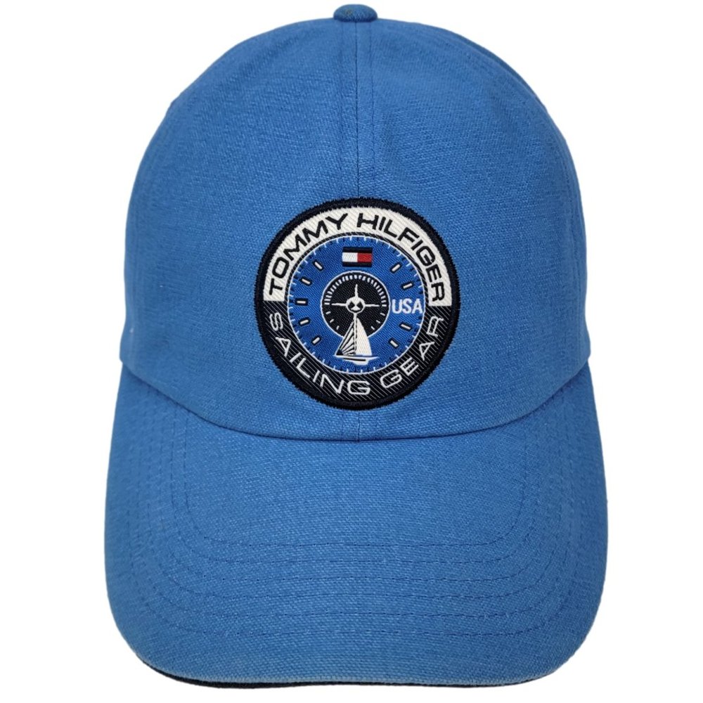 Tommy Hilfiger‎ Sailing Gear Hat Cap Vtg 90s Blue Leather Strap Boating Yachting